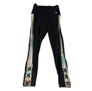 Pink Womens Leggings Sz XS Black Floral Hawaiian Workout Athletic Sporty Running